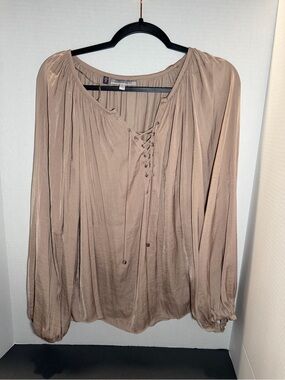 Jennifer Lopez Taupe Lace-Up Peasant Top